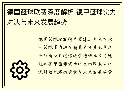 德国篮球联赛深度解析 德甲篮球实力对决与未来发展趋势